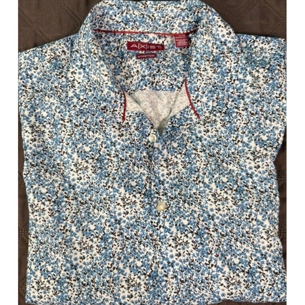 Axist by Perry Ellis Mens XL Blue Print Stretch Long Sleeve Shirt Silk-Feel